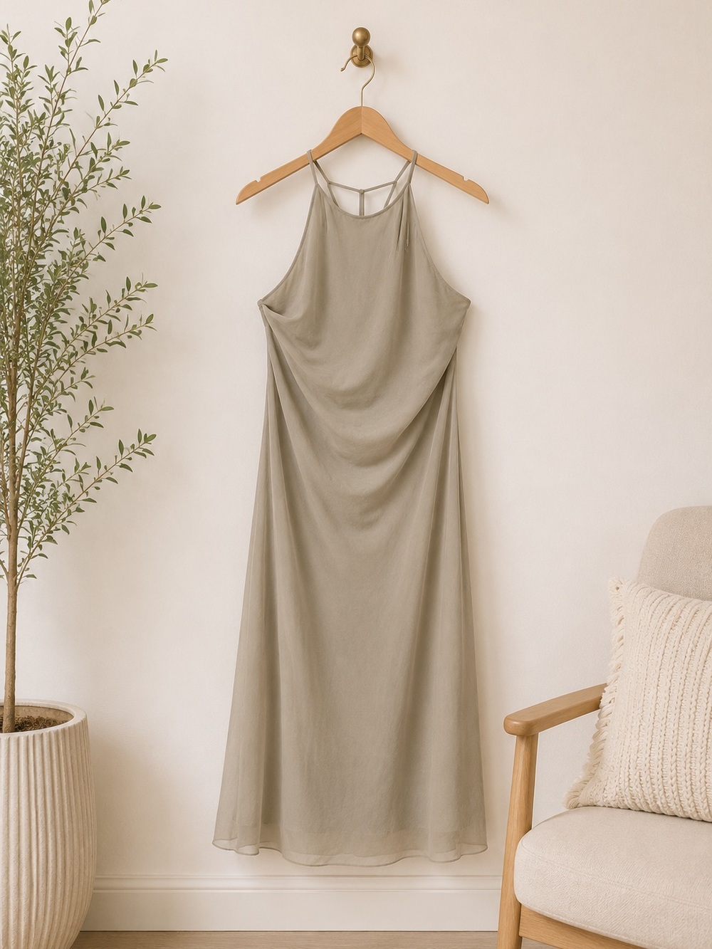 Aritzia Wilfred Free Women's Taupe Chiffon Slip Dress‎ M Lined Minimalist Flowy